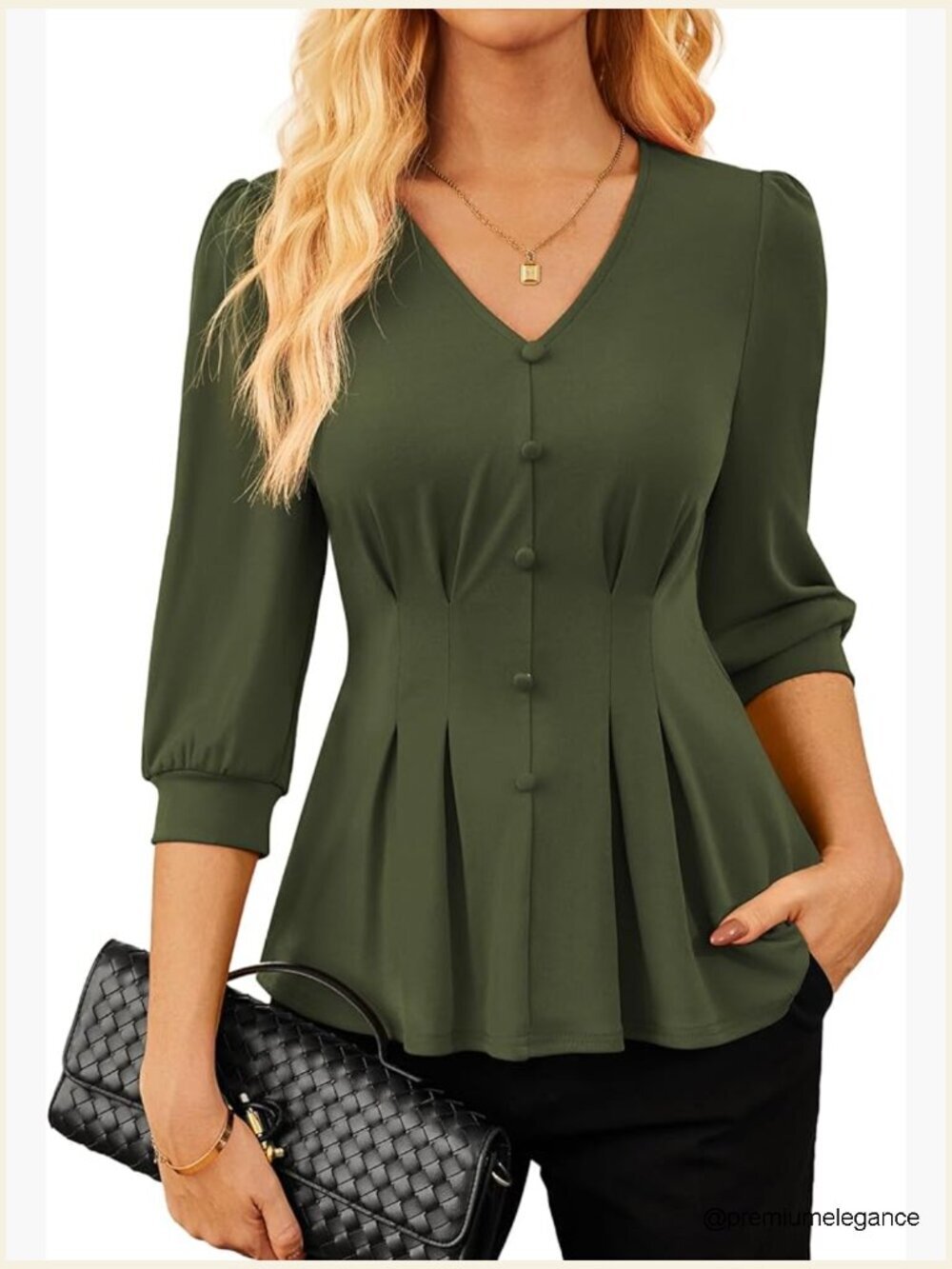 Women Business Casual Peplum Blouse 3/4 Sleeve V-Neck Office Top